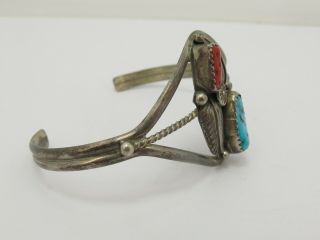 Vintage Hallmarked Sterling Silver Coral & Turquoise Navajo Cuff Bangle Bracelet 3