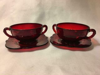 Vtg Paden City 1930s Crows Foot 2 Handled Cream Soup Bowls Saucers Ruby Red