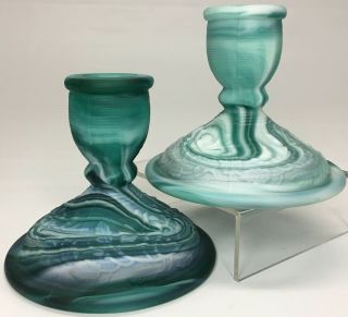 Vintage Imperial Glass Jade Satin Green Slag Glass Candlestick Candle Holders