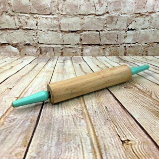 Vtg Wood Rolling Pin Blue Handles 17 " Farmhouse Decor Fixer Upper Country