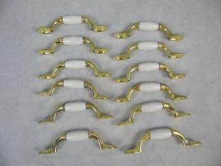 12 Vintage White BRASS and CERAMIC Pull Handle 5 