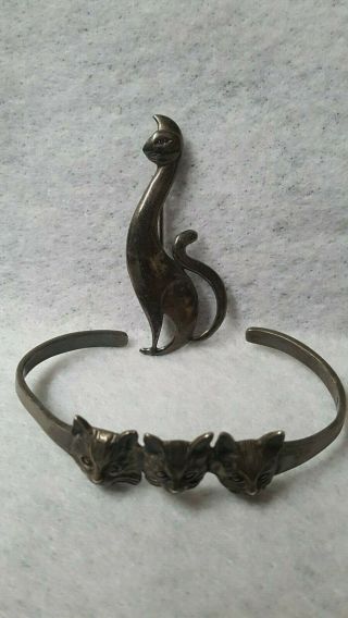 Vintage Sterling Silver Felines Cats Cuff Bracelet & Brooch