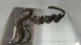 Vintage Sterling Silver Felines Cats Cuff Bracelet & Brooch 3