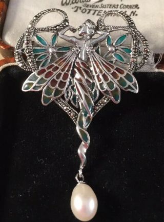 Vintage Jewellery Sterling Silver Real Pearl Enamel Fairy Pendant Brooch