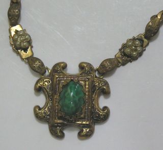 Vintage Jewelry Necklace Ornate Brass 1930s Marbled Green Glass Cab
