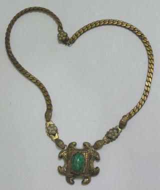 Vintage Jewelry Necklace Ornate Brass 1930s Marbled Green Glass Cab 2