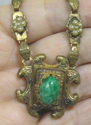 Vintage Jewelry Necklace Ornate Brass 1930s Marbled Green Glass Cab 3