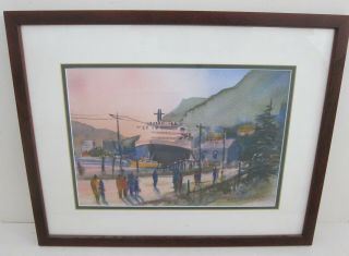 Gary Smith Signed Vintage Modernist Pnw Harbor Watercolor Painting Framed 15x19