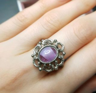 Vintage Lilac Purple Agate Adjustable Silver Tone Ring Costume Jewellery Pretty