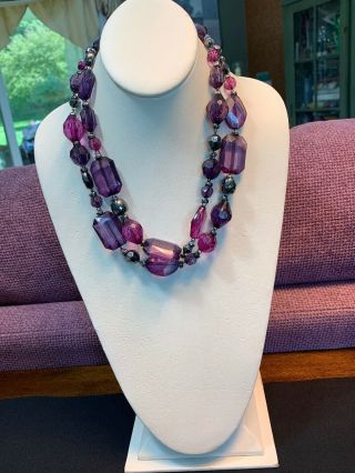 Vintage Purple Faceted Beaded 2 Strand Grey Black Statement Necklace 20”