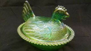 Vintage Indiana Glass Hen On Nest Green Iridescent Covered Candy Bowl Dish