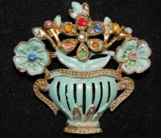 Vintage 40s Era Blue Enamel Flower Vase Pin Jewel Rhinestones Figural Urn Brooch