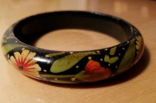 Vtg Wooden Bangle/bracelet Hand Painted Floral Design On Black