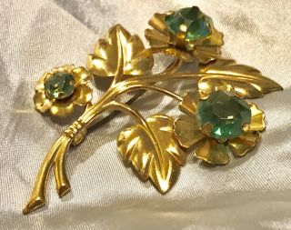 HUGE 1940’S RETRO DECO VINTAGE GOLD - PLATED LIME GREEN RHINESTONE BROOCH 3