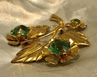 HUGE 1940’S RETRO DECO VINTAGE GOLD - PLATED LIME GREEN RHINESTONE BROOCH 4