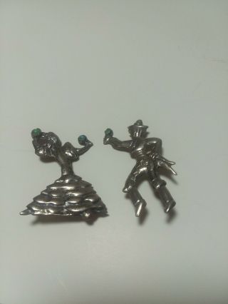 Vtg 1940 Mexican Sterling Silver Dancers W Turquoise Cabochas