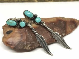 Vintage Old Pawn Native American Sterling Turquoise Feather Dangle Earrings