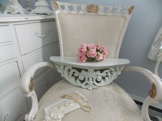 Shabby Vintage Turner Ornate Scrolled White Wood Top Bed Crown / Wall Shelf