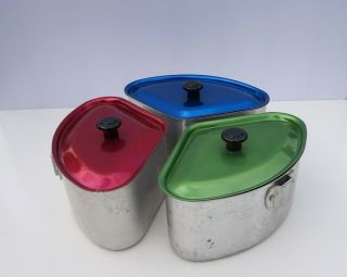 Vintage Set 3 Aluminium Cooking Pans Anodised Lid Drainers Handle Red Blue Green