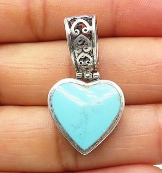 925 Sterling Silver - Vintage Turquoise Swirl Filigree Love Heart Pendant - P6044