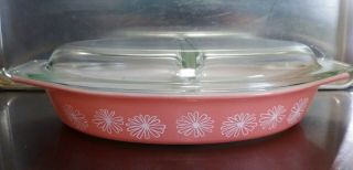Vintage Pyrex Pink Daisy Divided Casserole Dish W/ Lid 1 1/2 Quart -