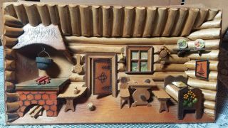 Vintage Folk Art Diorama 3 - D Wall Art Wooden Picture Cabin 15 X 8.  5 "