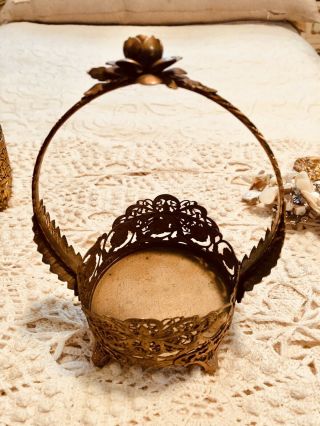 Vintage Jewelry Box Basket Gold Filigree Ormolu Floral Hollywood Regency