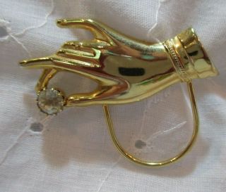 Vintage Ladies Hand Holding Rhinestone Eyeglass Holder Pin Brooch Gold Tone