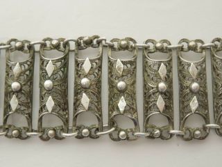 800 Silver Cannetile Filigree Panel Link Wide Vintage Bracelet With Pin Closure