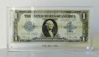 " The Big One " Lucite Paperweight 1923 Silver Dollar Bill Certificate Vintage