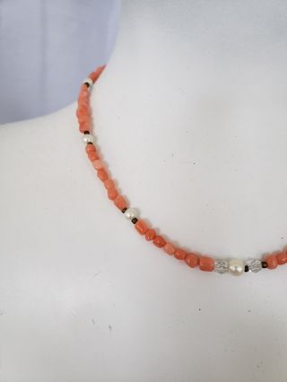Vintage pink coral bead necklace w/pearls 3