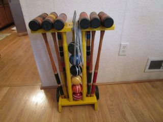 Vintage Penney Foremost 6 Player Wood Croquet Set With Wheeled Stand