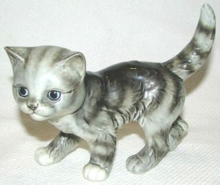 Vintage Porcelain Cat Figurine Goebel West Germany Gray Black Blue Eyes 31024