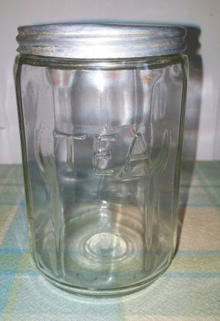 Vtg Hoosier Embossed Clear Glass Tea Canister/jar W/ Aluminum Screw On Lid