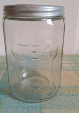 Vtg Hoosier Embossed Clear Glass Tea Canister/Jar w/ Aluminum Screw on Lid 2