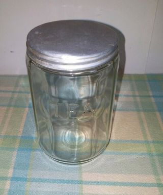 Vtg Hoosier Embossed Clear Glass Tea Canister/Jar w/ Aluminum Screw on Lid 3