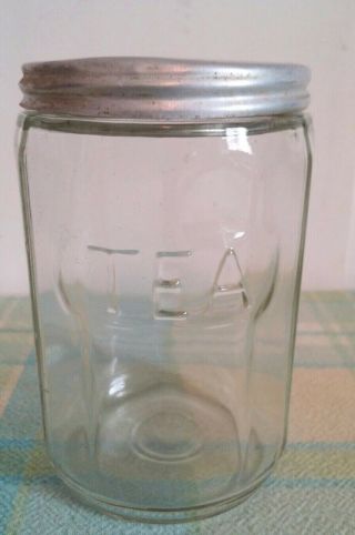 Vtg Hoosier Embossed Clear Glass Tea Canister/Jar w/ Aluminum Screw on Lid 4