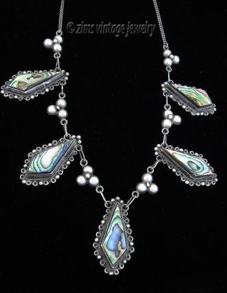 Vintage Old Mexican Sterling Silver Filigree Abalone Fringe Floral Link Necklace