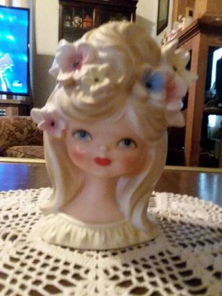 Vintage Inarco E2967 6 " Teen Lady Head Vase Blonde Flowers