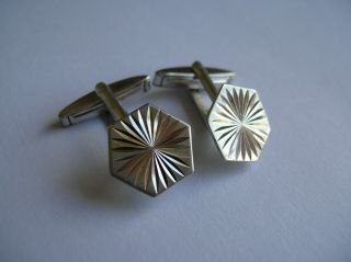 Vintage Sterling Silver Hexagonal Diamond Cut Cufflinks Hallmarked Ja&s 1967 Vgc