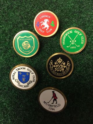 Six Vintage 3/4 " Brass Stem Golf Ball Markers.  Royal Troon,  Lahinch And Others