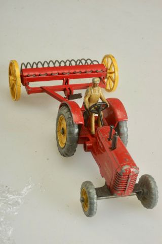 Vintage Dinky England - Red Yellow Massey Harris Tractor with Hay Rake Farming 2