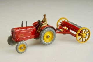 Vintage Dinky England - Red Yellow Massey Harris Tractor with Hay Rake Farming 3