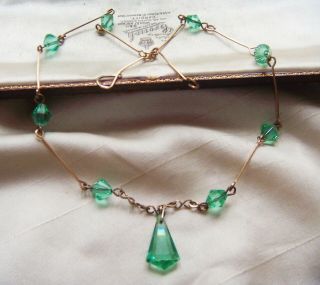 Vintage Art Deco Jewellery Sea Green Crystal Dropper Rolled Gold Necklace