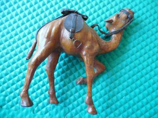 Vintage Leather Bound Souvenir Camel With Saddle And Stirrups 8 " Tall Leg Lifted