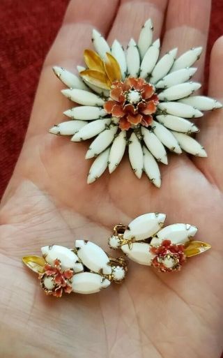 Set Vintage Brooch & Clip On Earrings White Orange Marquise Flower Enamel Metal