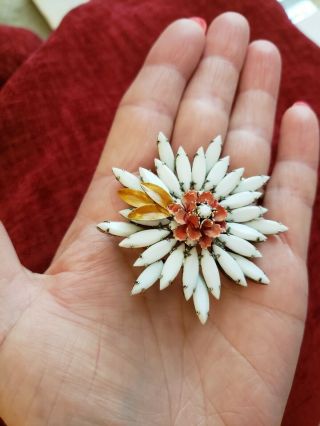 Set Vintage Brooch & Clip On Earrings White Orange Marquise Flower Enamel Metal 2