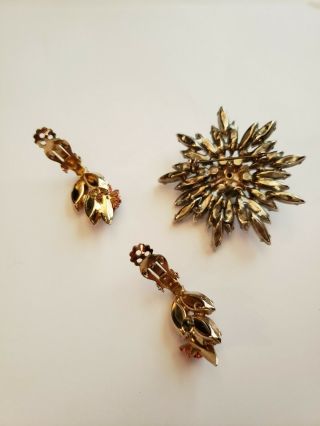 Set Vintage Brooch & Clip On Earrings White Orange Marquise Flower Enamel Metal 5