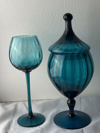 Vintage Empoli Optic Teal Blue Covered Candy Apothecary Jar & Vase Art Glass