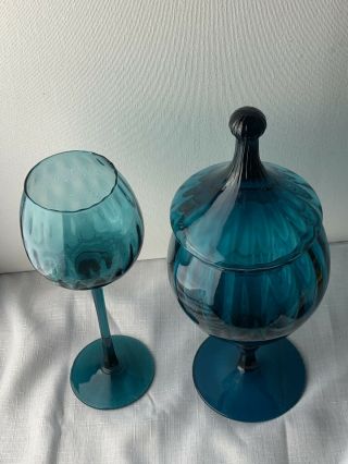 Vintage Empoli Optic Teal BLUE Covered Candy Apothecary Jar & Vase Art Glass 2